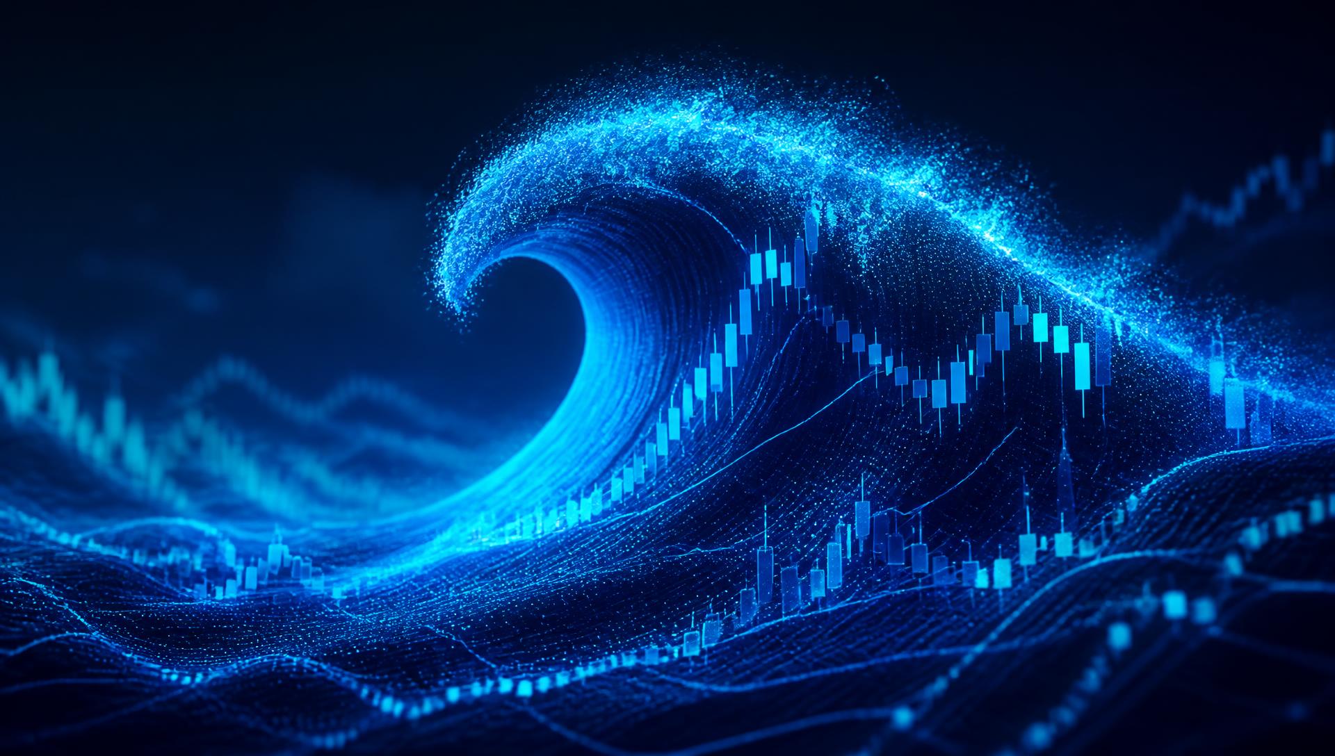 NordicFX platform features illustrated by a blue digital trading wave